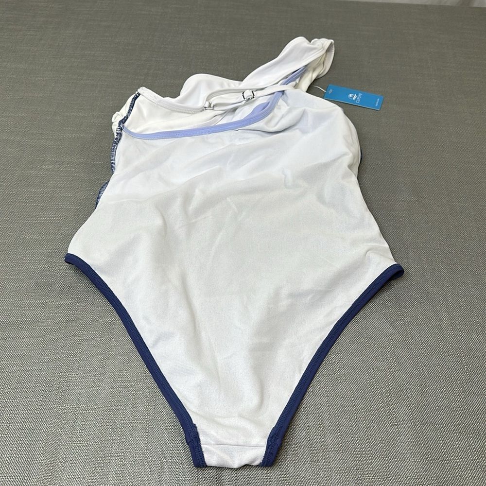 Cupshe Swimsuit Wm Medium Blue White Purple Stripe One Shoulder One Piece - Picture 3 of 14